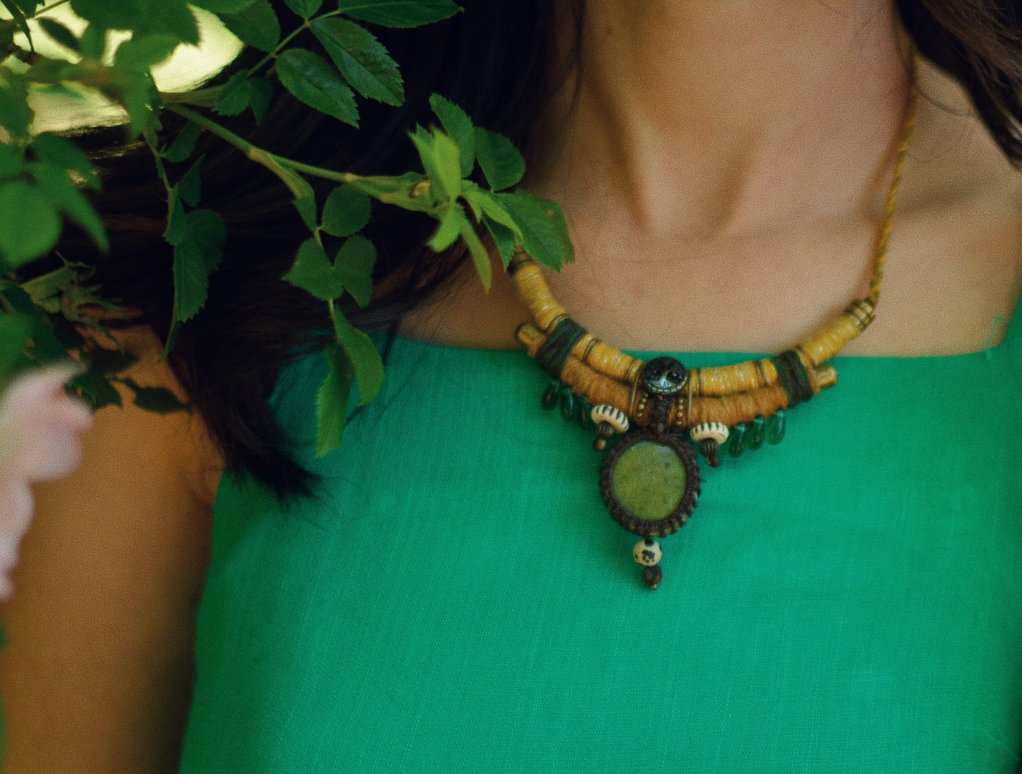 Boheme Joy Hemp and Linen Necklace with Nephrite and Dalmatian Jasper