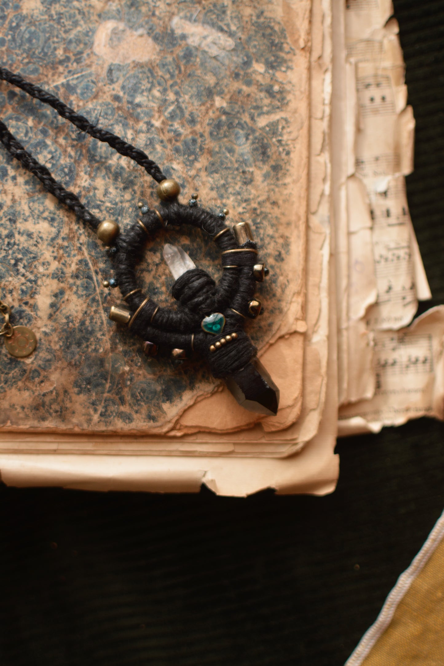 Witchy Hemp Necklace with Clear Quartz, Smoky Quartz and Fire Enamel Pendant - long