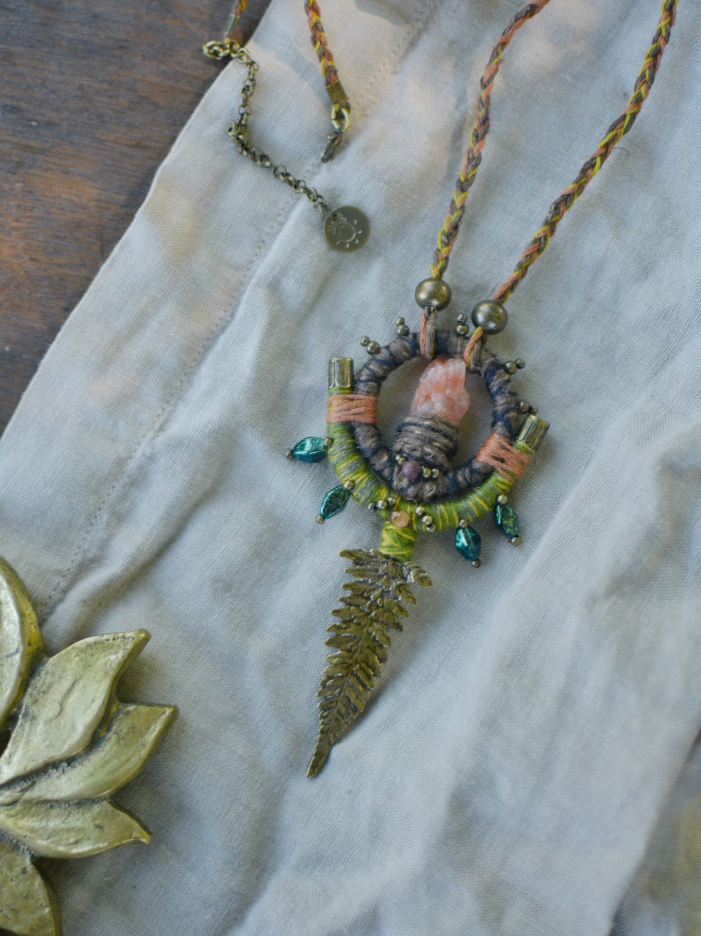 Earth Calling Hemp Talisman with Sunstone and Fern pendant