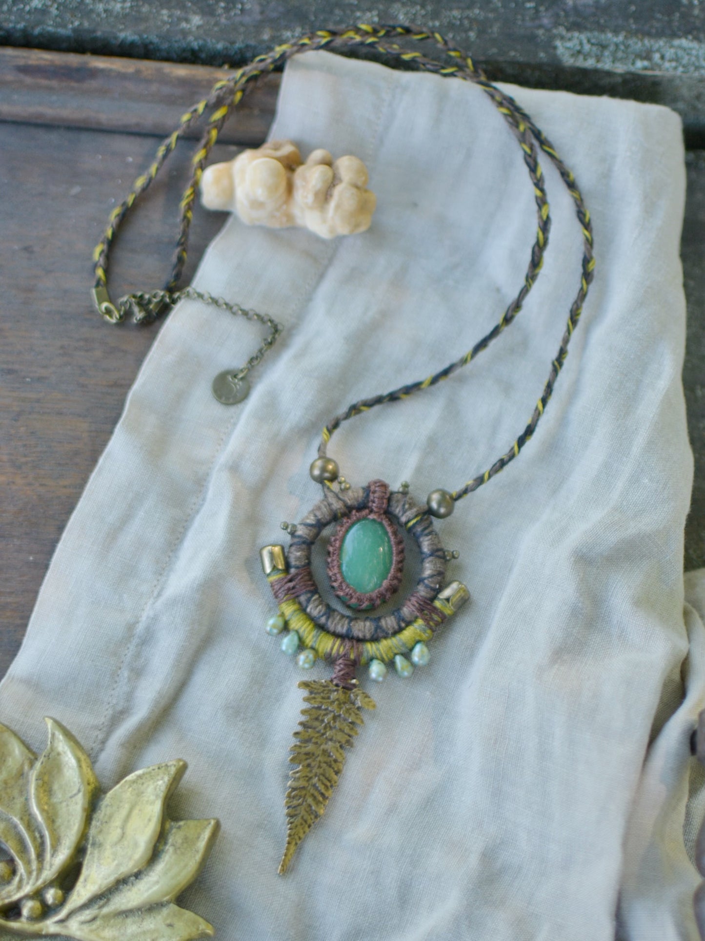 Earth Calling Hemp Talisman with Aventurine and Fern pendant