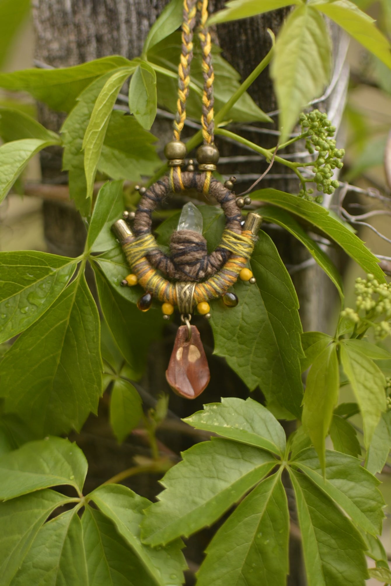 Earth Calling Hemp Talisman with Clear Crystal and Pinecone