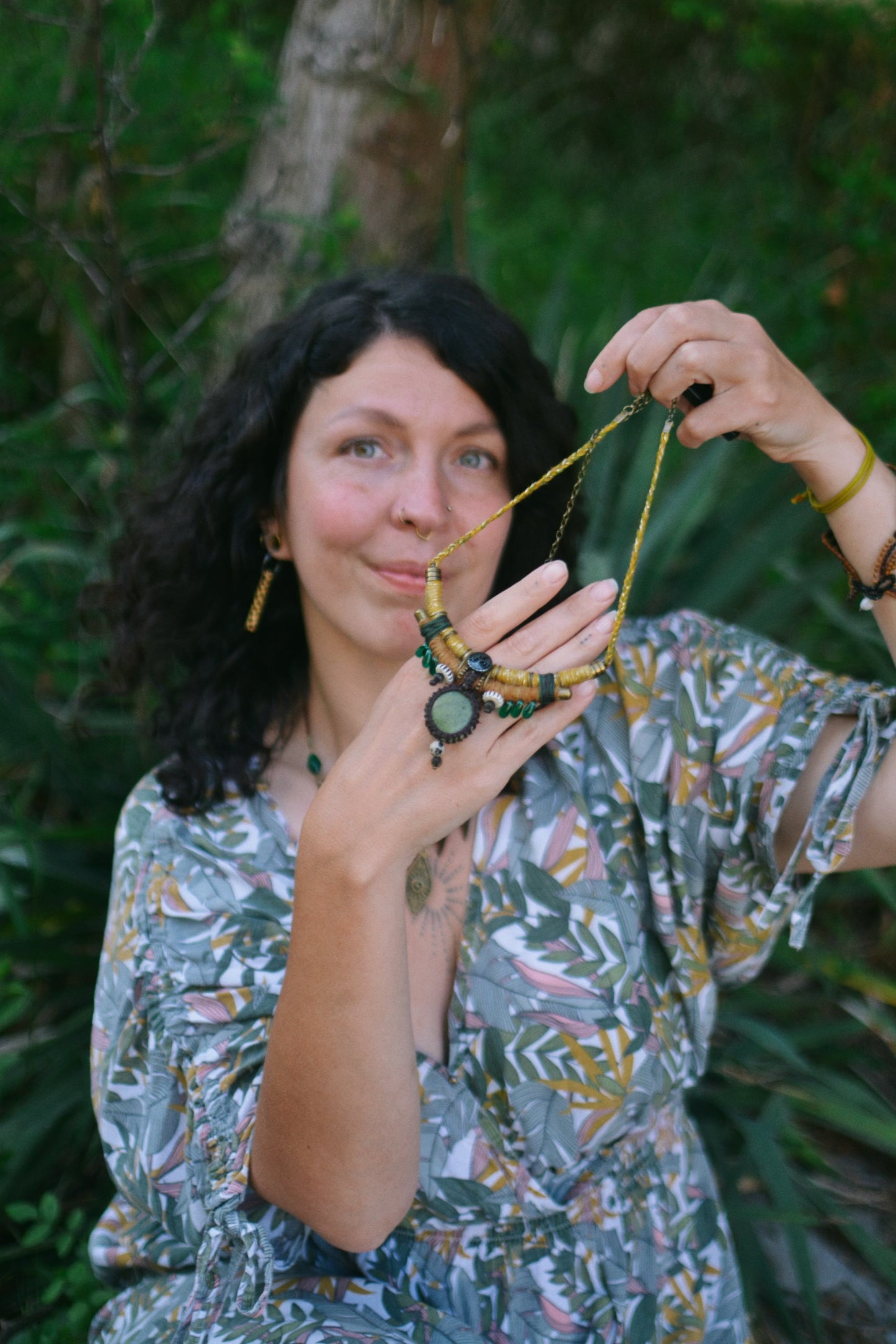 Boheme Joy Hemp and Linen Necklace with Nephrite and Dalmatian Jasper