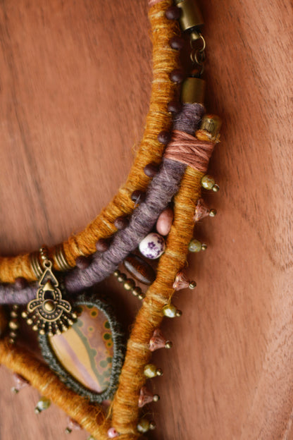 Dream of Barbara - Hand dyed Hemp Necklace with Ocean Jasper, Rhodochrosite, Clear Crystal