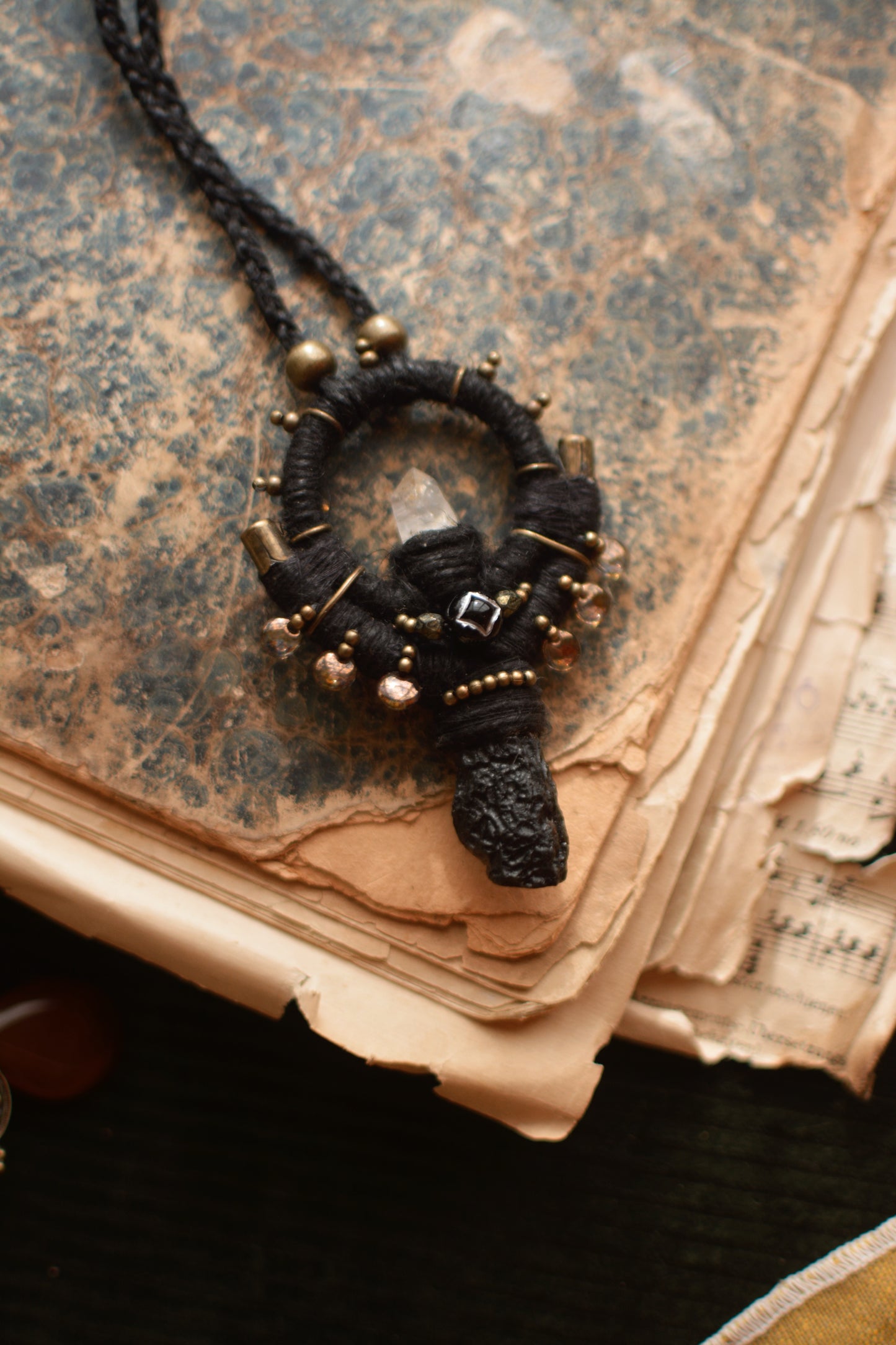 Witchy Hemp Necklace with Clear Quartz and Tektite - long