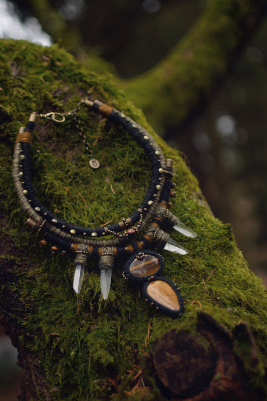 Mystic Earthkeeper - Plant Dyed Necklace with Tiger Eye Cabochons and Clear Crystals