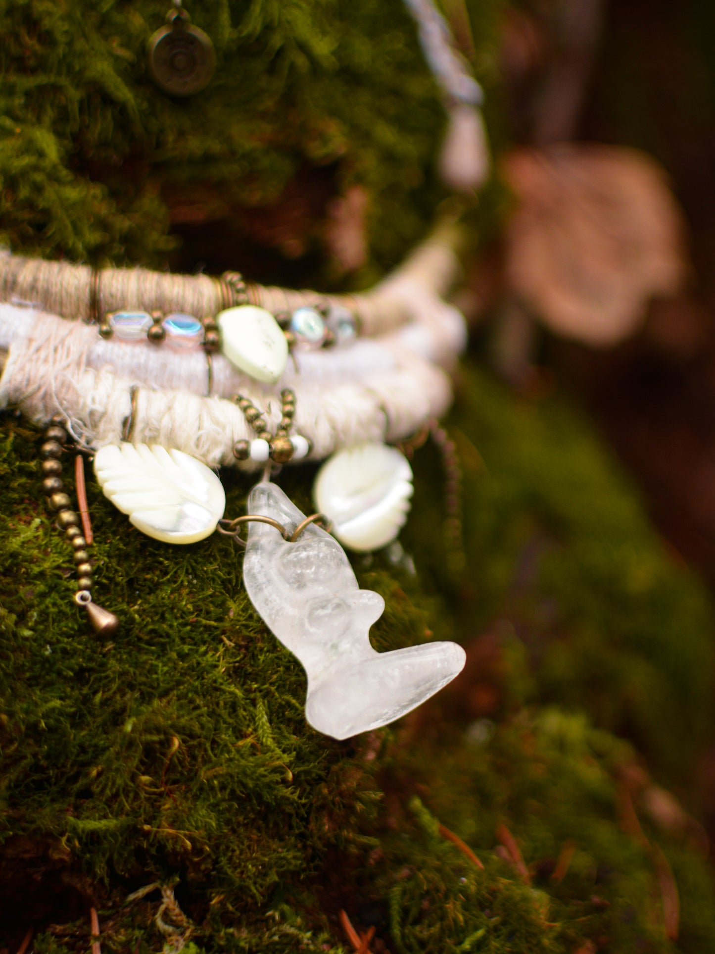 Divine Guidance Necklace with Clear Crystal Goddess and Shell beads