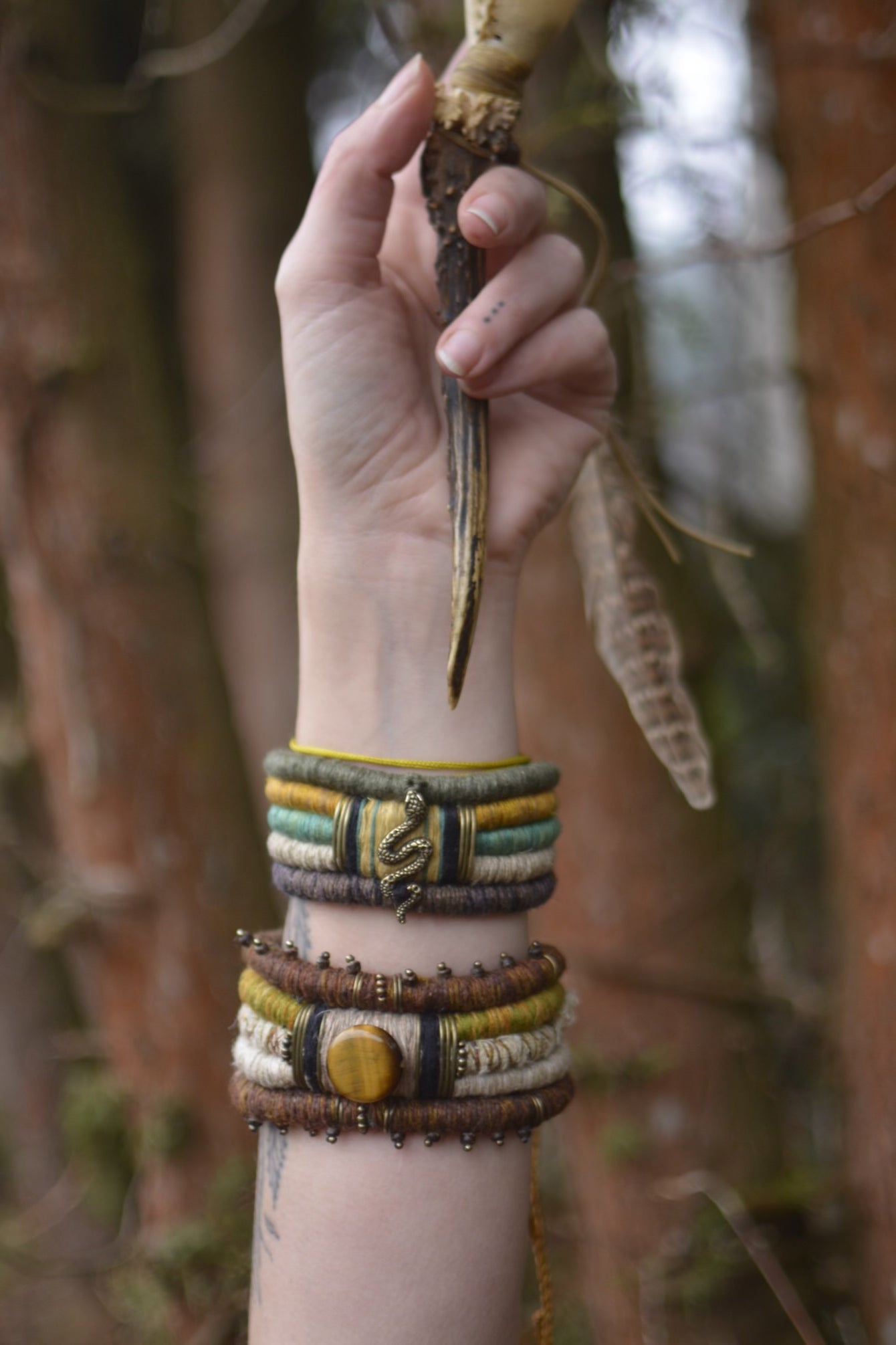 Earth Calling Hemp and Linen Arm Cuff / Bracelet with Tiger Eye for Men