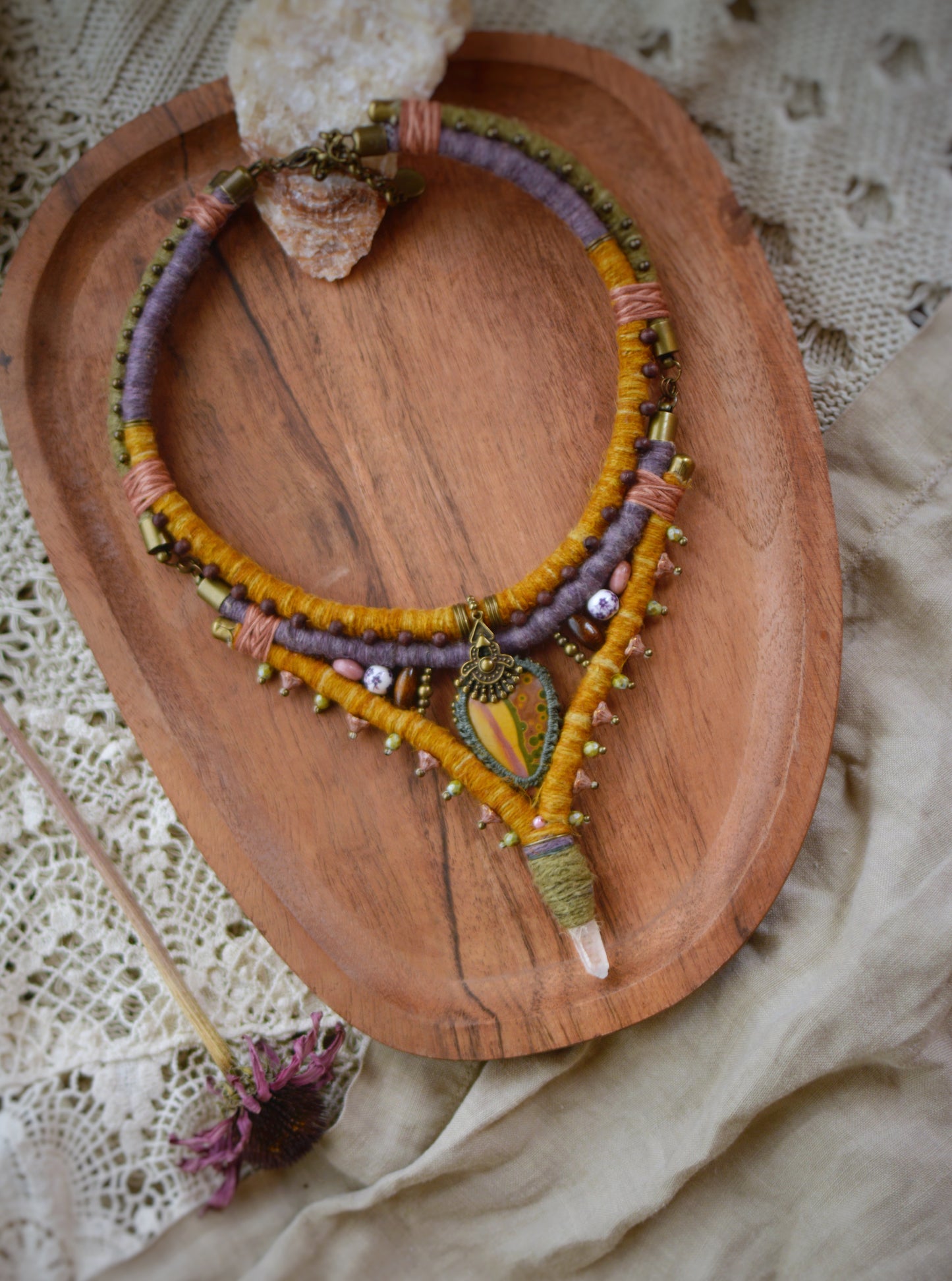 Dream of Barbara - Hand dyed Hemp Necklace with Ocean Jasper, Rhodochrosite, Clear Crystal