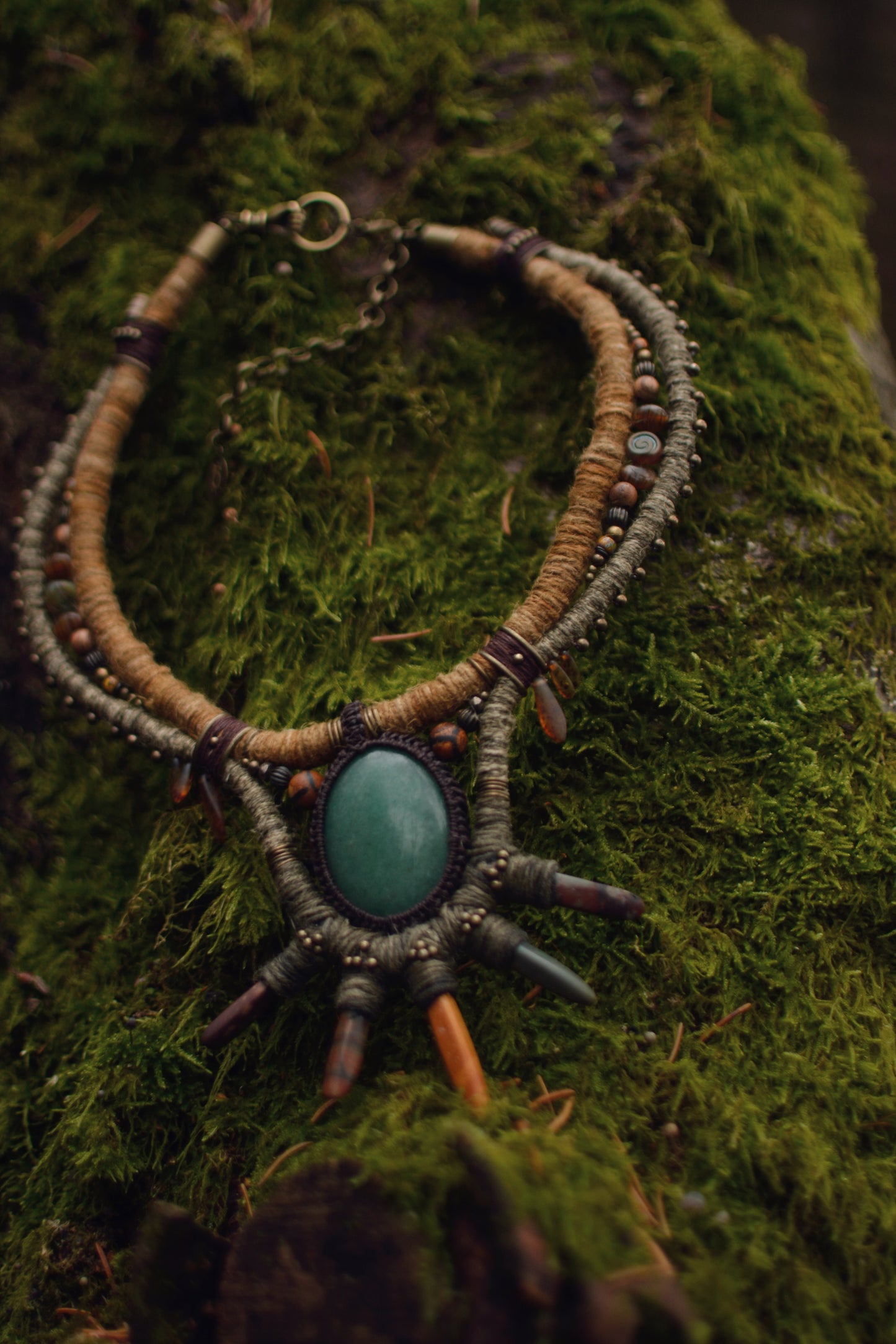 Verdant Sunburst - Plant Dyed Necklace with Aventurine and Jasper Sticks