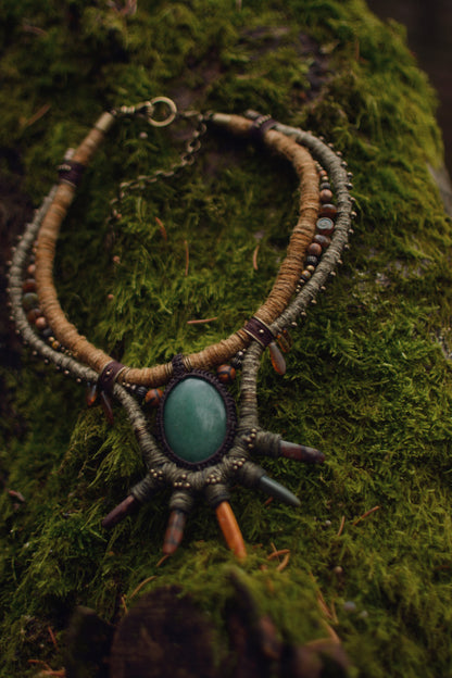 Verdant Sunburst - Plant Dyed Necklace with Aventurine and Jasper Sticks