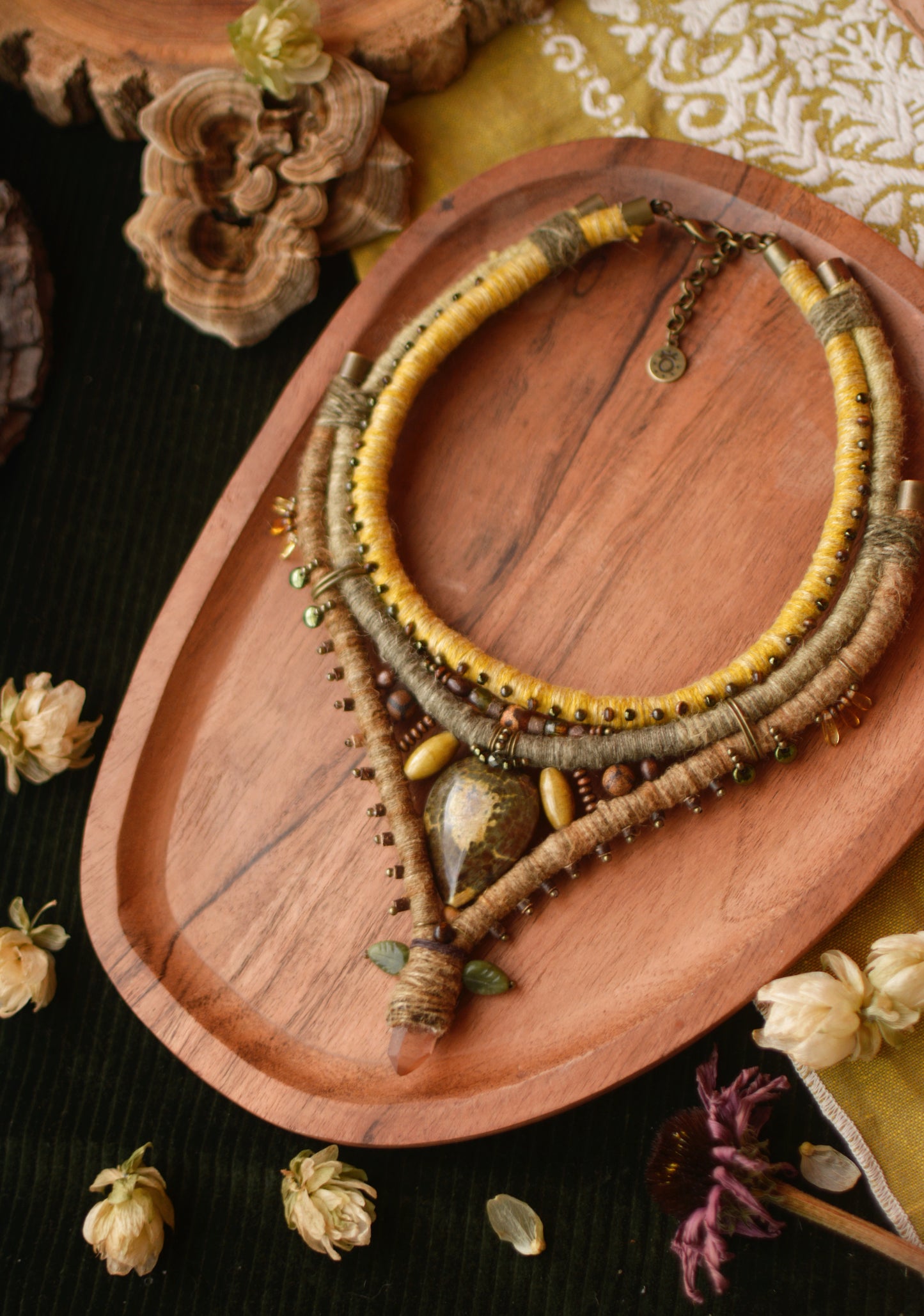 Mokosh Necklace with Polished Serpentine, Jade leaves, Tangerine Quartz