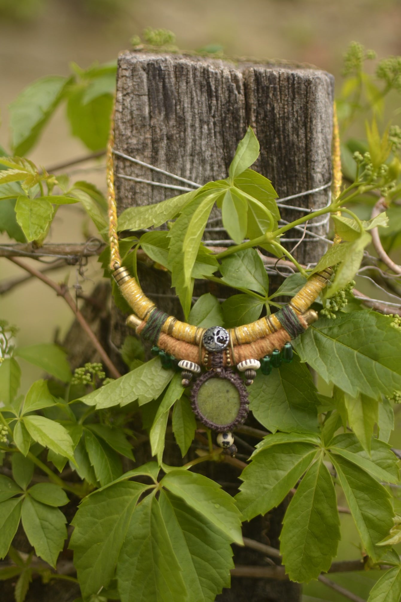 Boheme Joy Hemp and Linen Necklace with Nephrite and Dalmatian Jasper