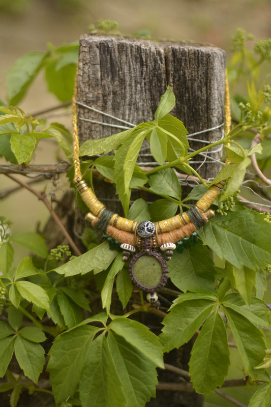 Boheme Joy Hemp and Linen Necklace with Nephrite and Dalmatian Jasper