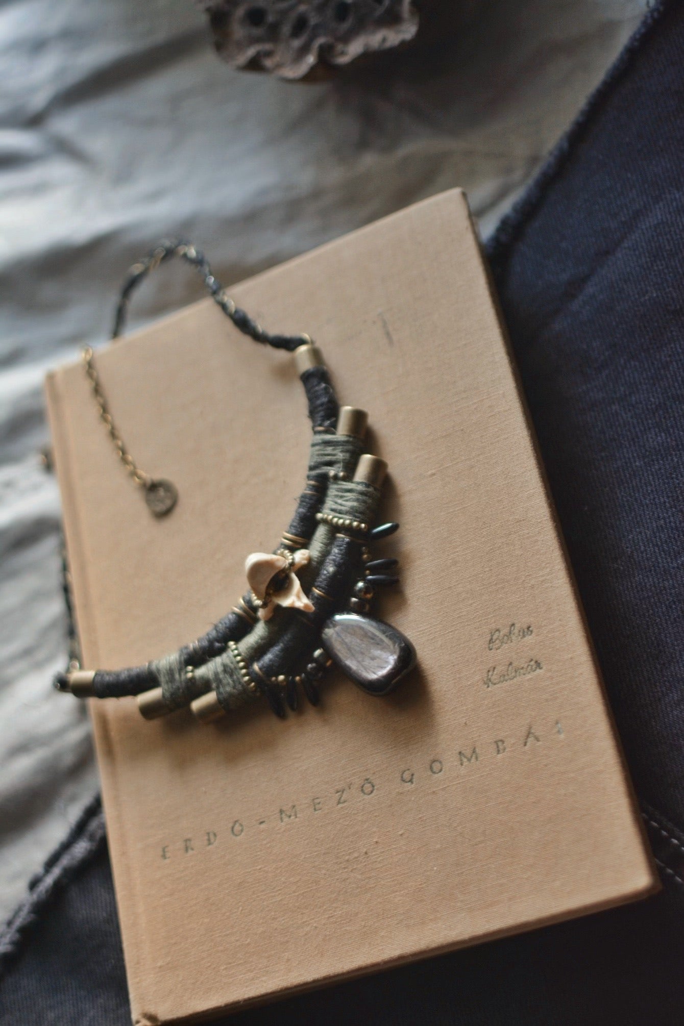 Hypersthene and Bone Hemp Necklace