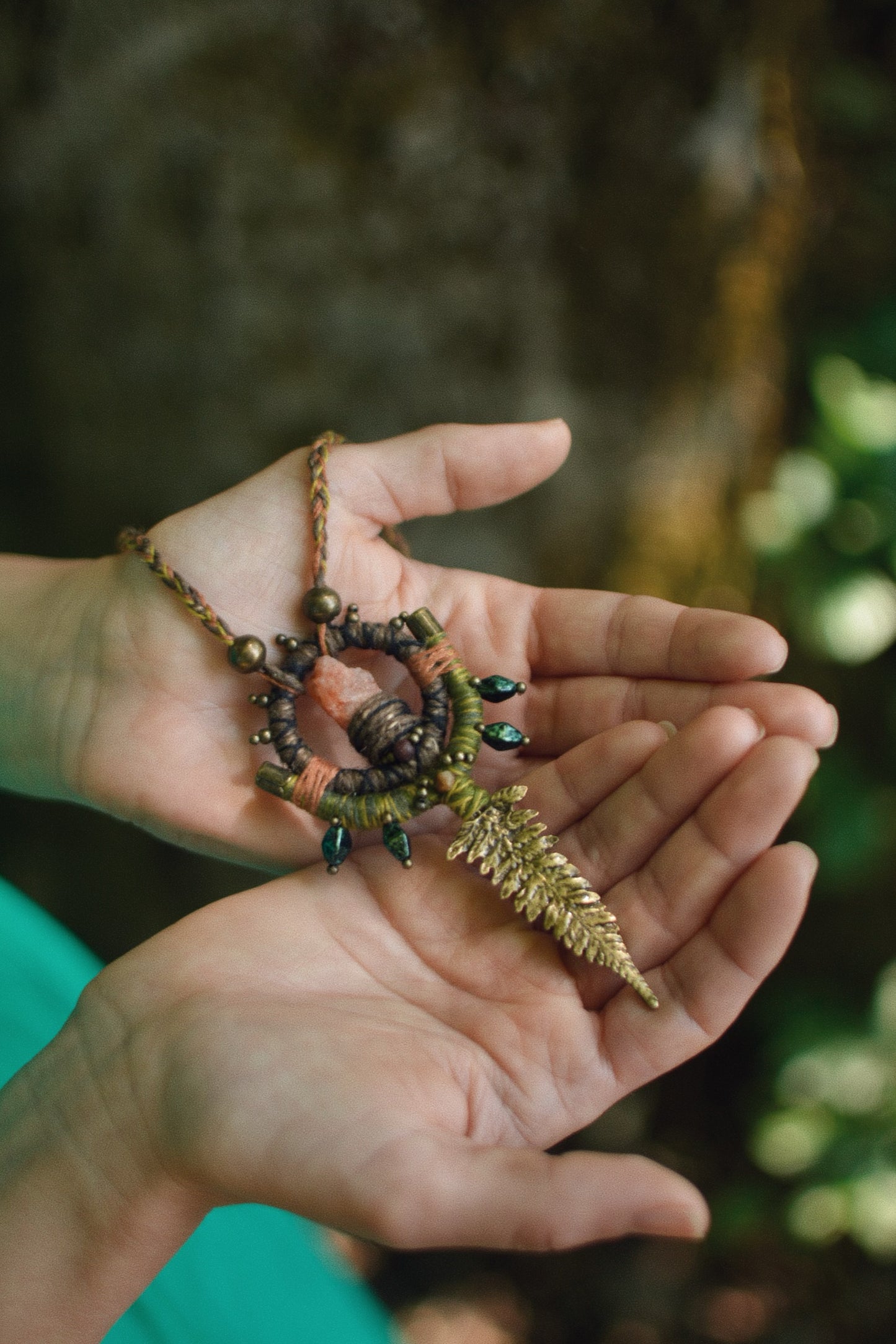 Earth Calling Hemp Talisman with Sunstone and Fern pendant