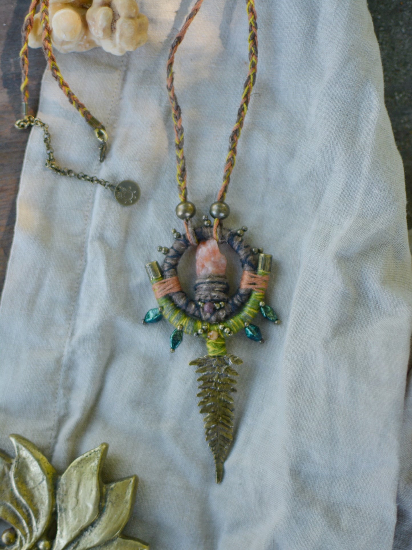 Earth Calling Hemp Talisman with Sunstone and Fern pendant