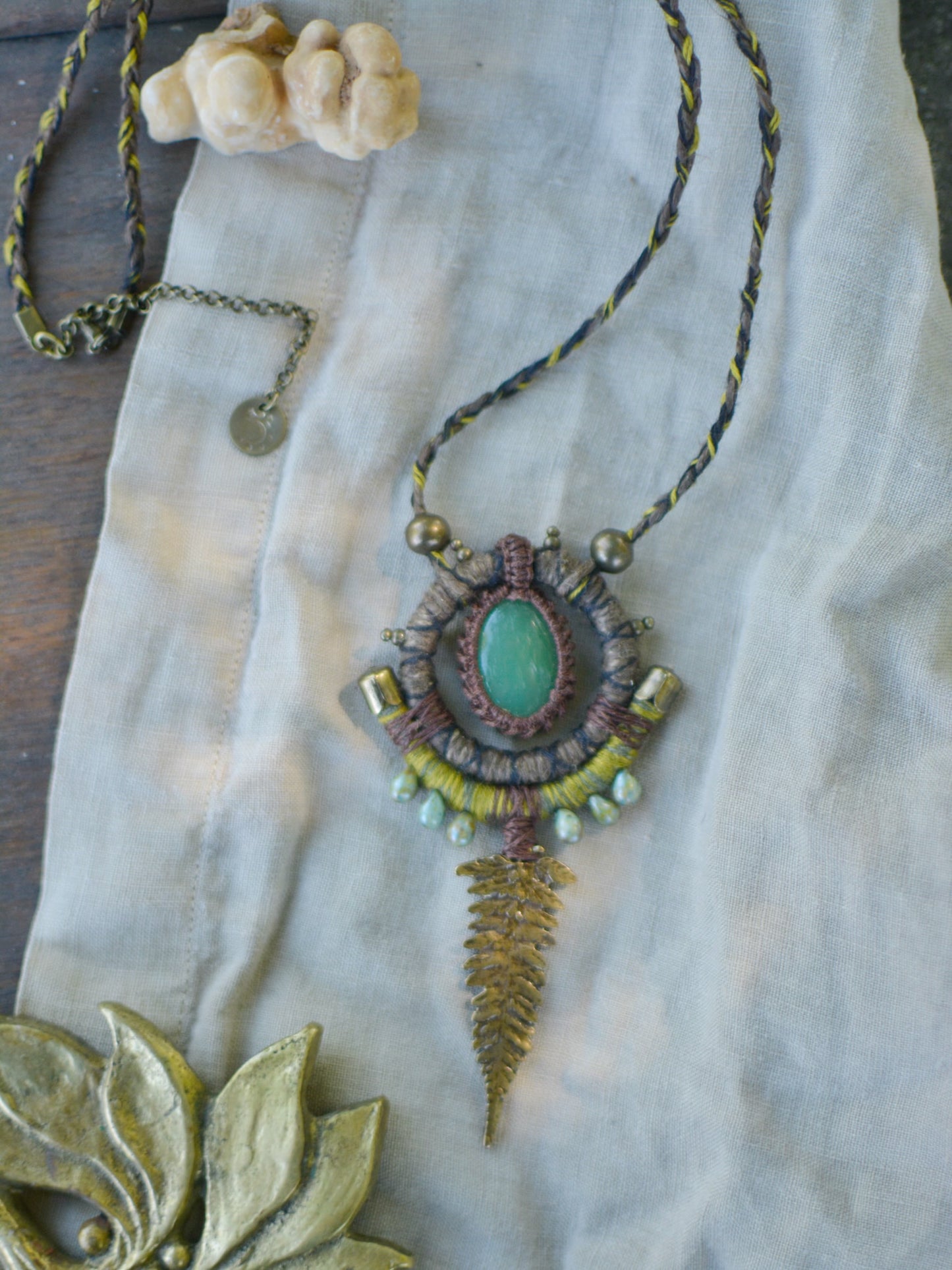 Earth Calling Hemp Talisman with Aventurine and Fern pendant
