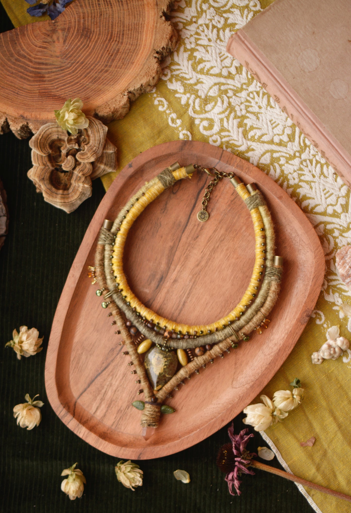 Mokosh Necklace with Polished Serpentine, Jade leaves, Tangerine Quartz