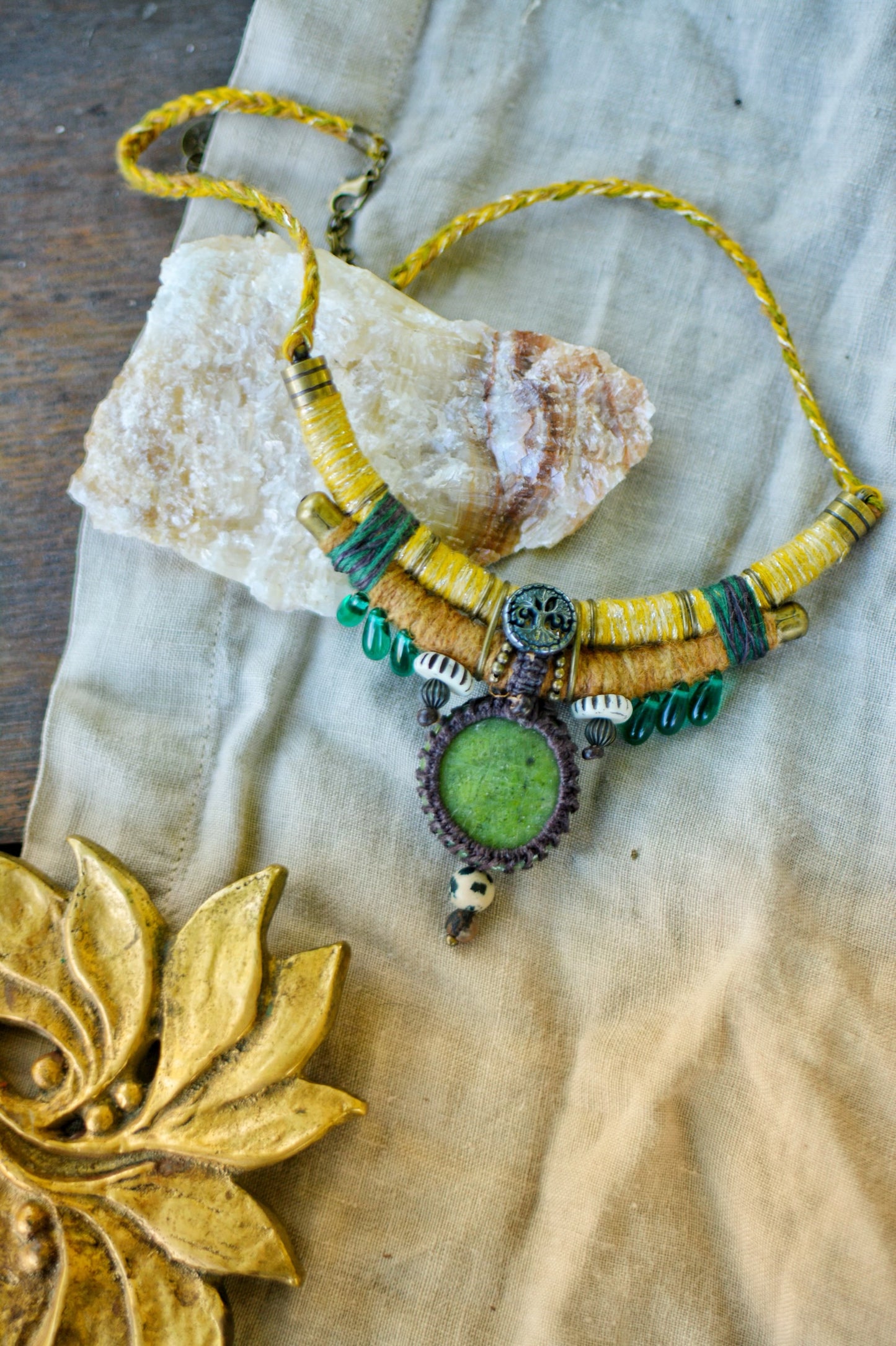 Boheme Joy Hemp and Linen Necklace with Nephrite and Dalmatian Jasper