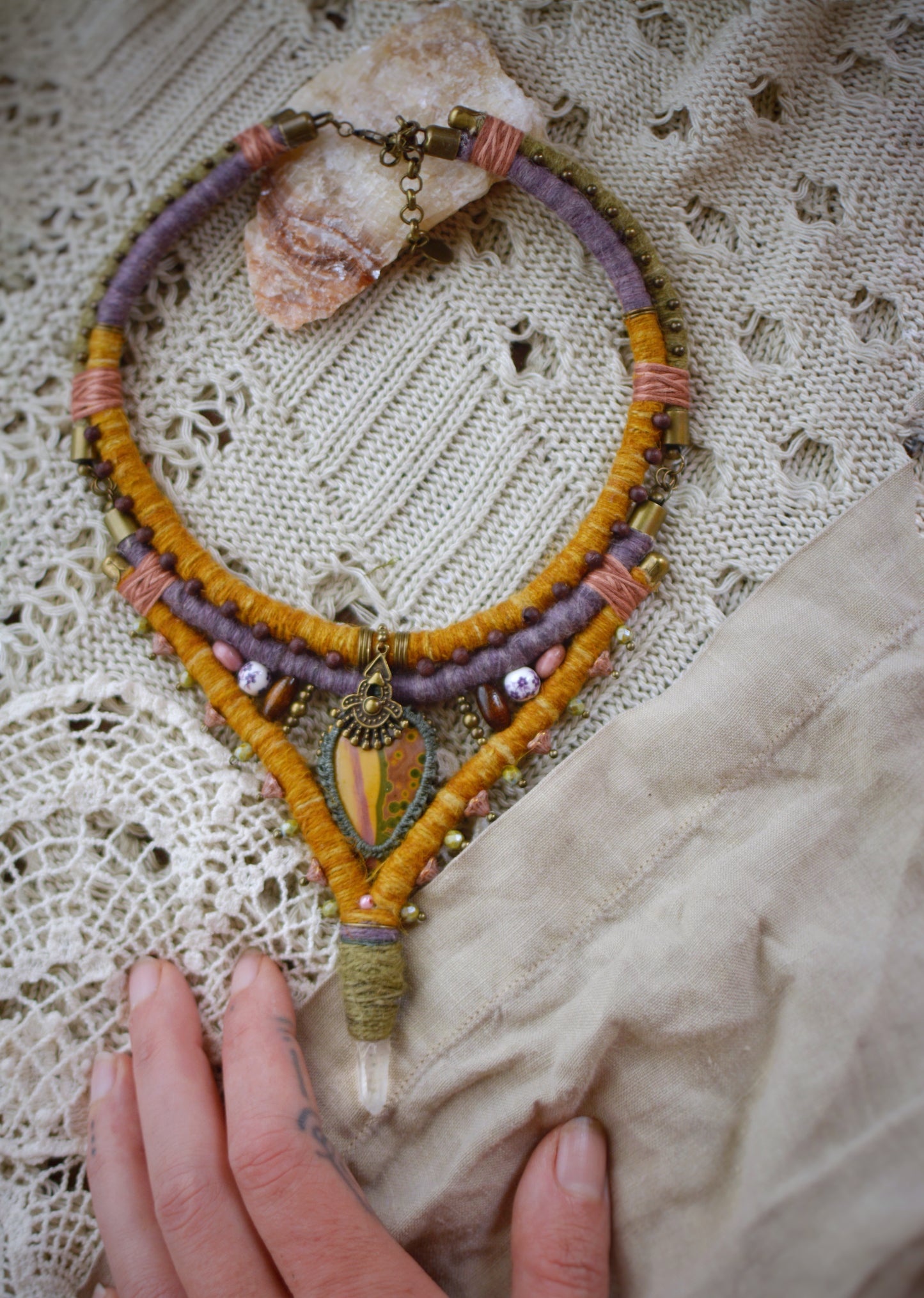 Dream of Barbara - Hand dyed Hemp Necklace with Ocean Jasper, Rhodochrosite, Clear Crystal