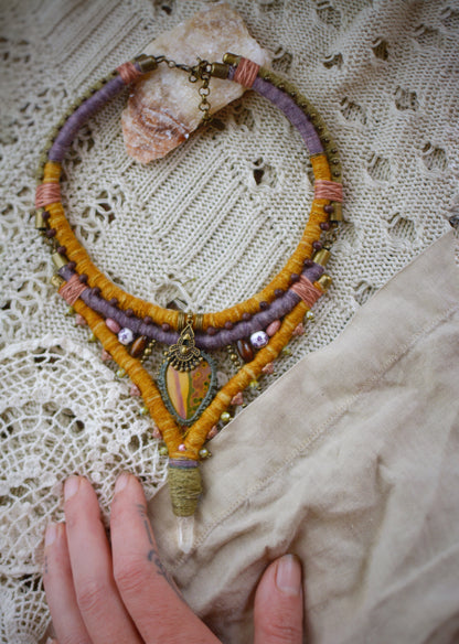 Dream of Barbara - Hand dyed Hemp Necklace with Ocean Jasper, Rhodochrosite, Clear Crystal