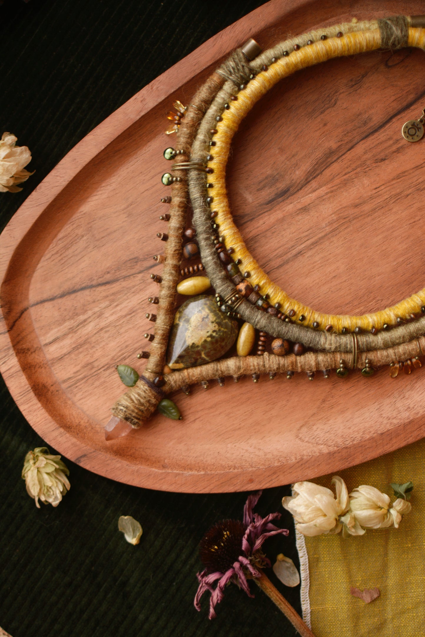 Mokosh Necklace with Polished Serpentine, Jade leaves, Tangerine Quartz