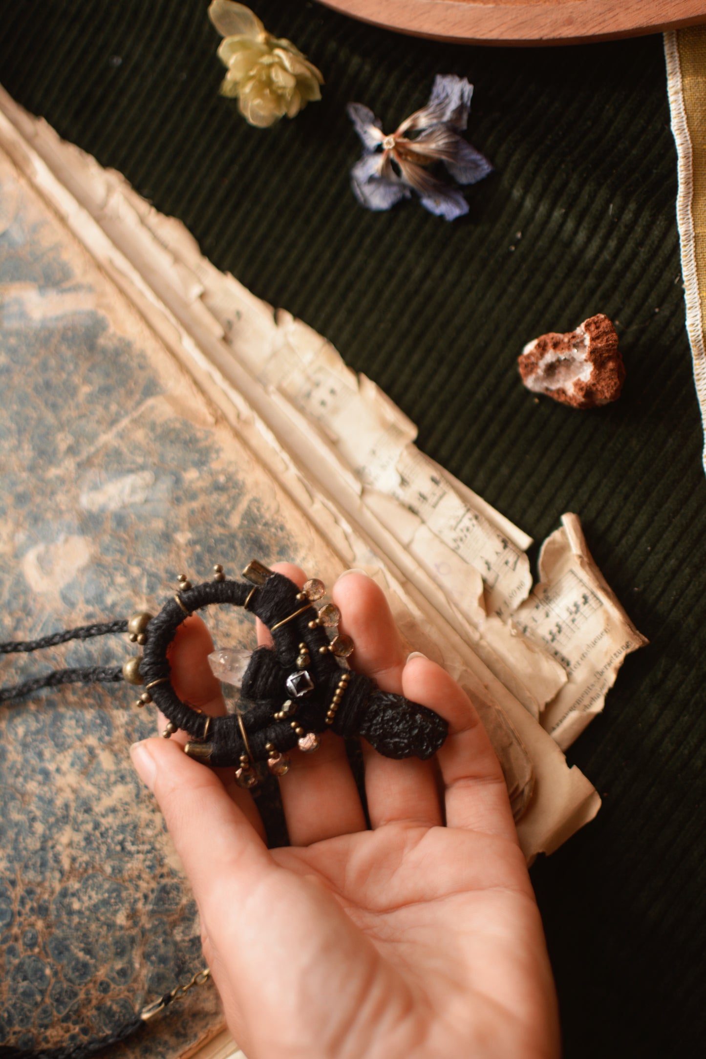 Witchy Hemp Necklace with Clear Quartz and Tektite - long