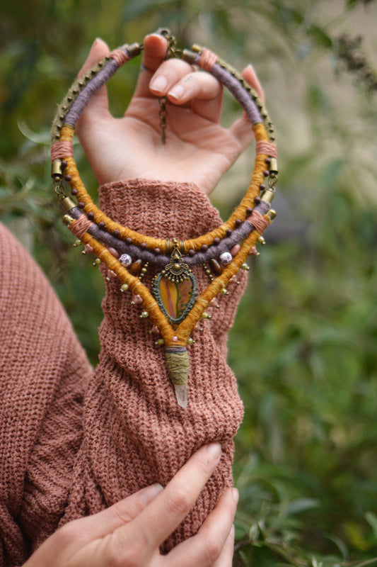 Dream of Barbara - Hand dyed Hemp Necklace with Ocean Jasper, Rhodochrosite, Clear Crystal