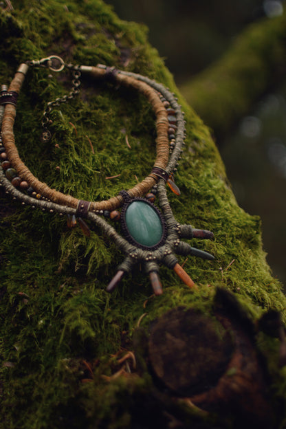 Verdant Sunburst - Plant Dyed Necklace with Aventurine and Jasper Sticks