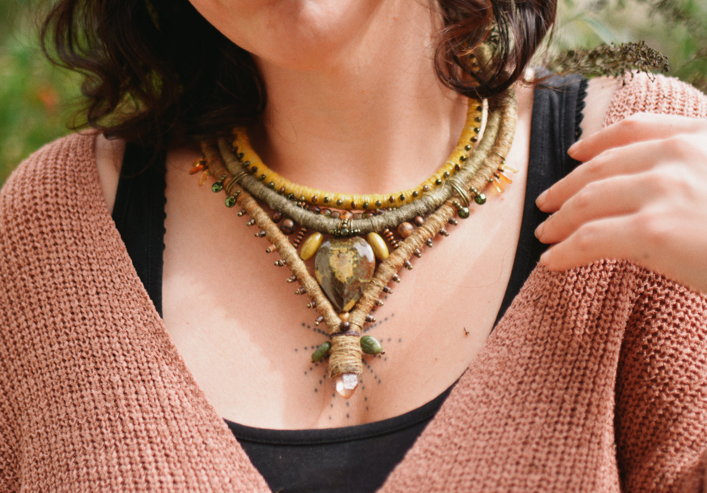 Mokosh Necklace with Polished Serpentine, Jade leaves, Tangerine Quartz