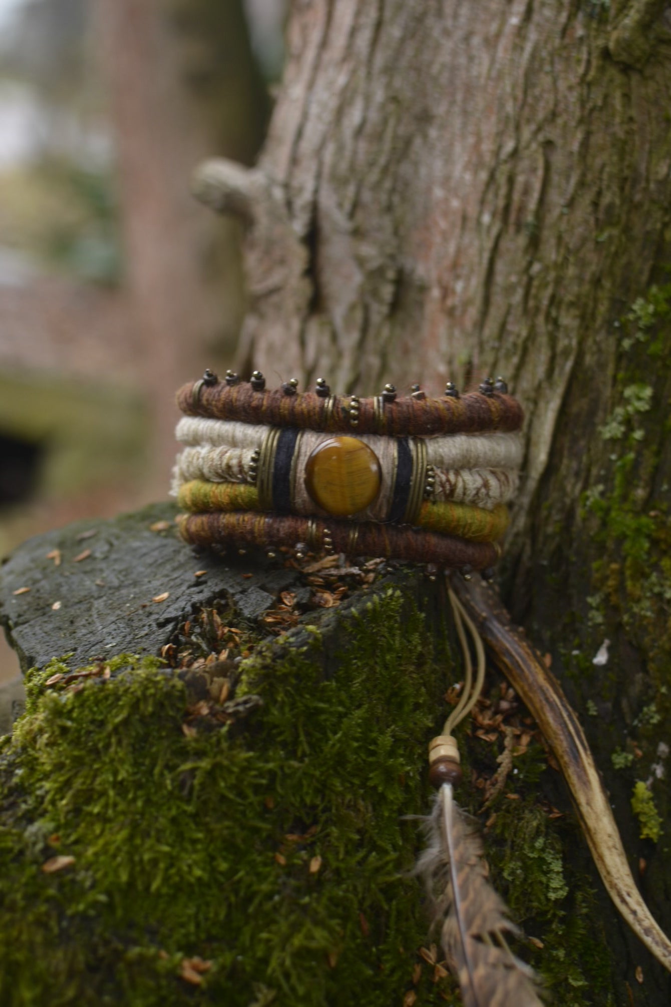 Earth Calling Hemp and Linen Arm Cuff / Bracelet with Tiger Eye for Men