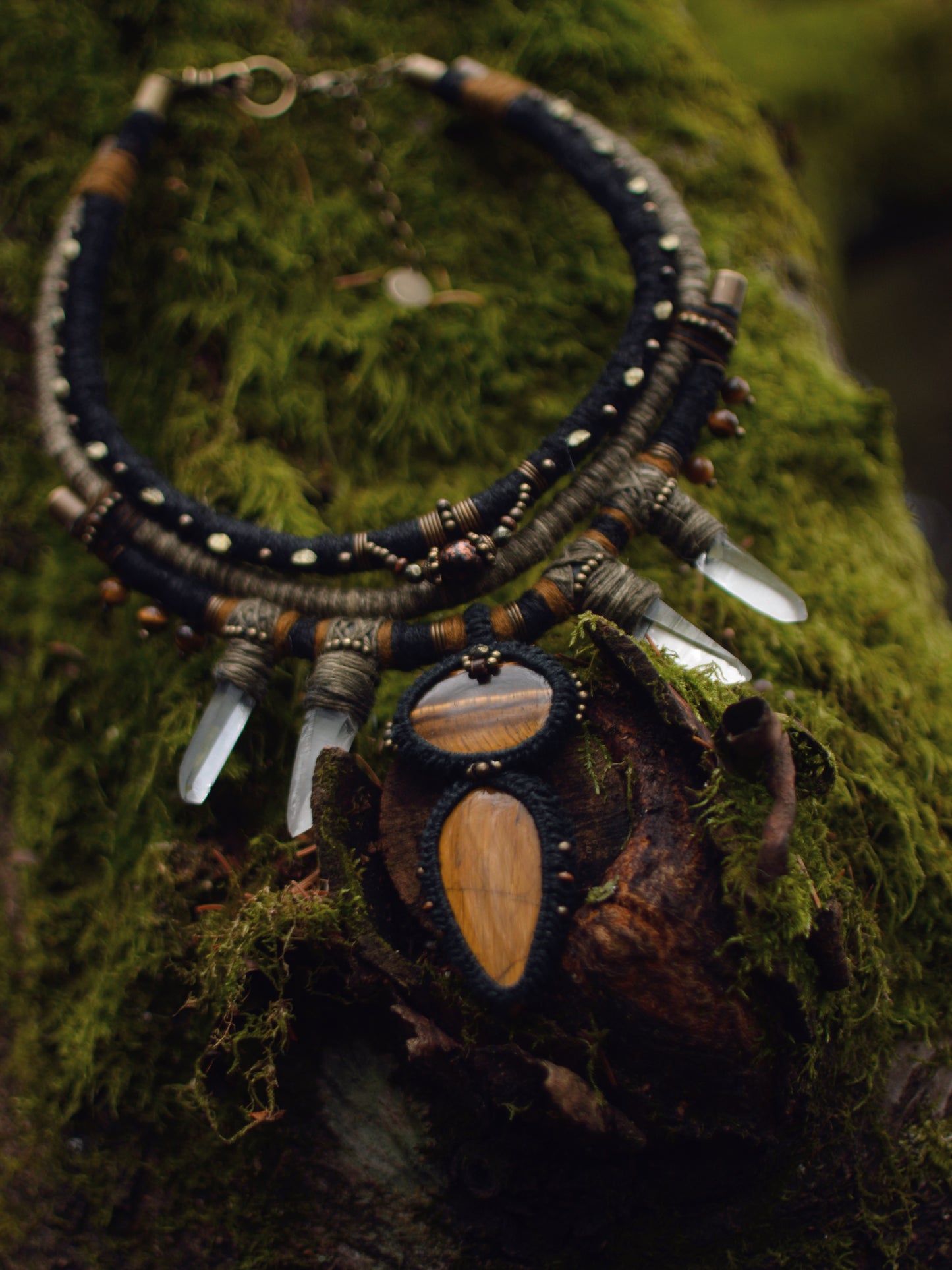 Mystic Earthkeeper - Plant Dyed Necklace with Tiger Eye Cabochons and Clear Crystals