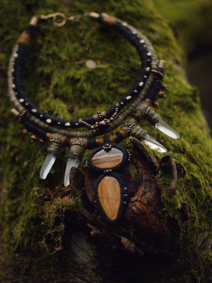 Mystic Earthkeeper - Plant Dyed Necklace with Tiger Eye Cabochons and Clear Crystals