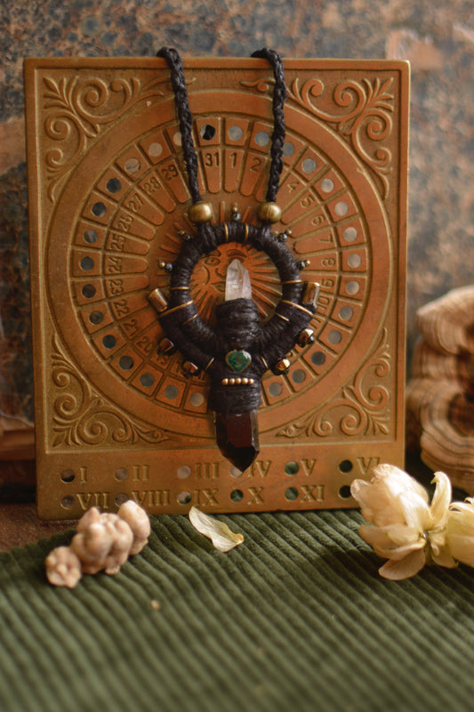 Witchy Hemp Necklace with Clear Quartz, Smoky Quartz and Fire Enamel Pendant - long