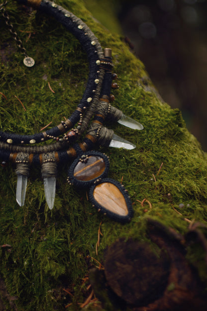 Mystic Earthkeeper - Plant Dyed Necklace with Tiger Eye Cabochons and Clear Crystals