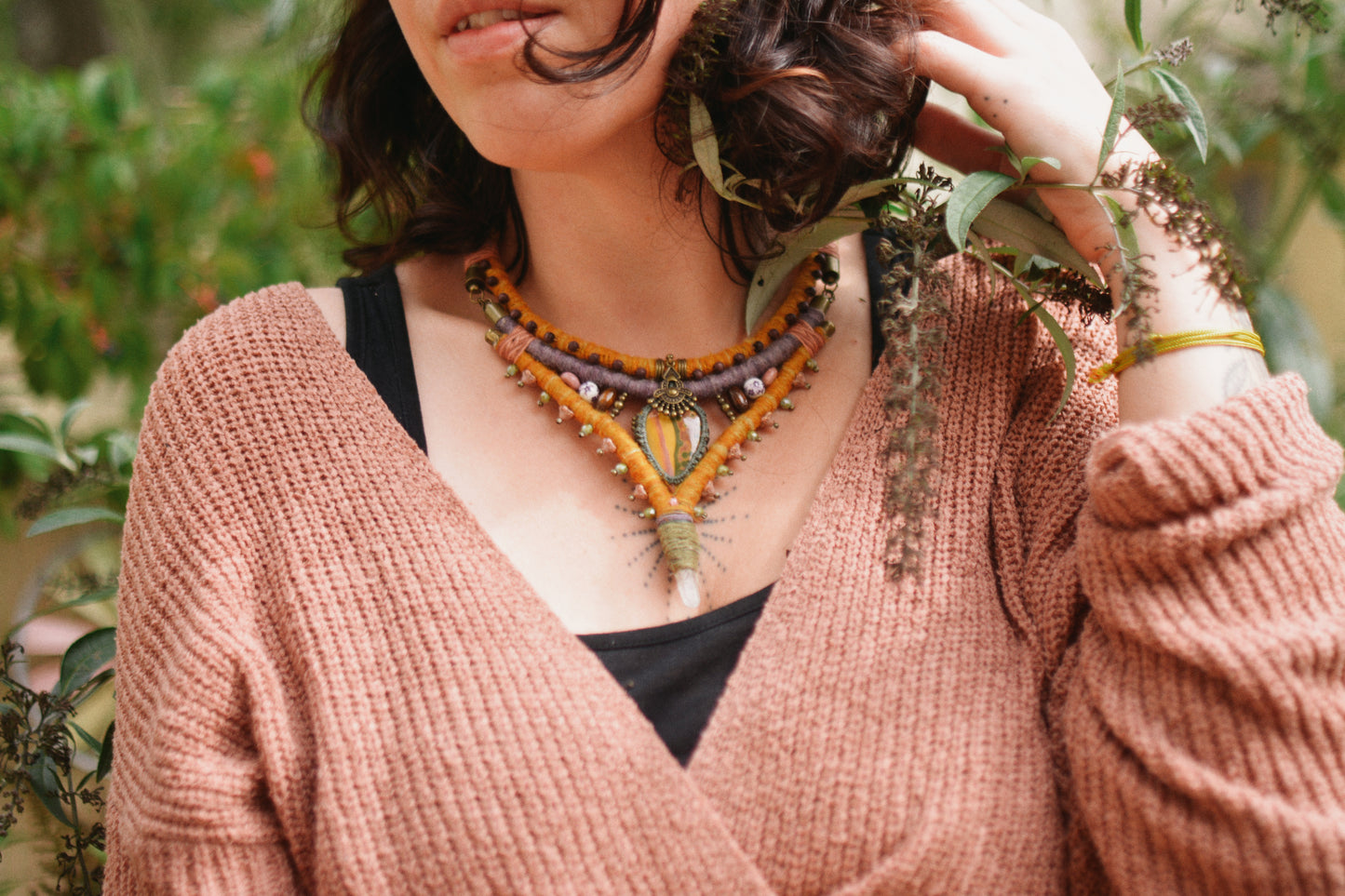 Dream of Barbara - Hand dyed Hemp Necklace with Ocean Jasper, Rhodochrosite, Clear Crystal