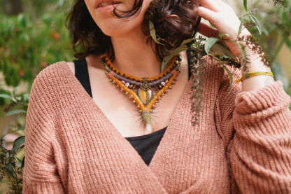 Dream of Barbara - Hand dyed Hemp Necklace with Ocean Jasper, Rhodochrosite, Clear Crystal