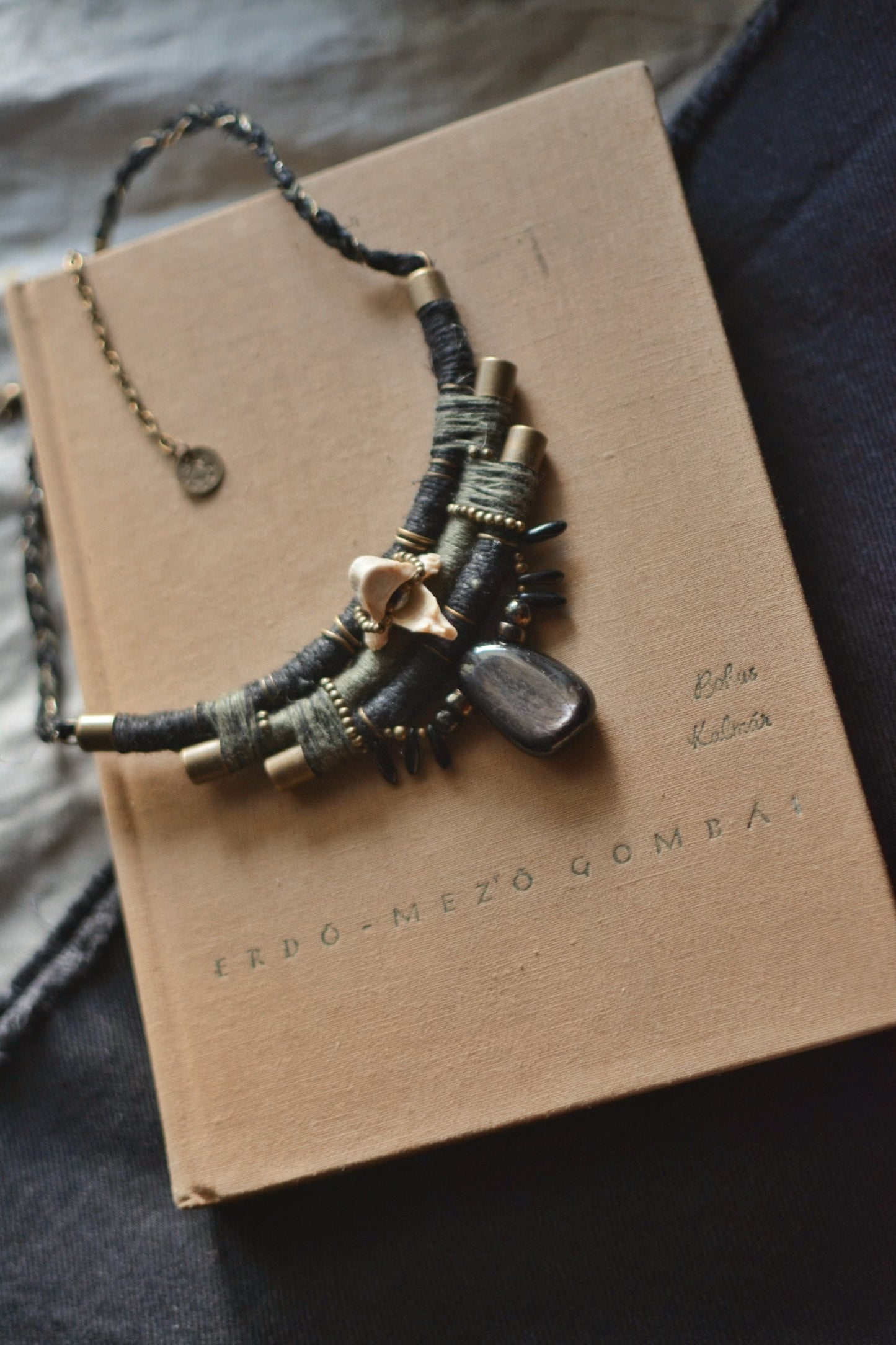 Hypersthene and Bone Hemp Necklace