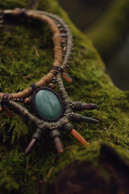 Verdant Sunburst - Plant Dyed Necklace with Aventurine and Jasper Sticks