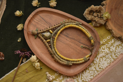 Mokosh Necklace with Polished Serpentine, Jade leaves, Tangerine Quartz