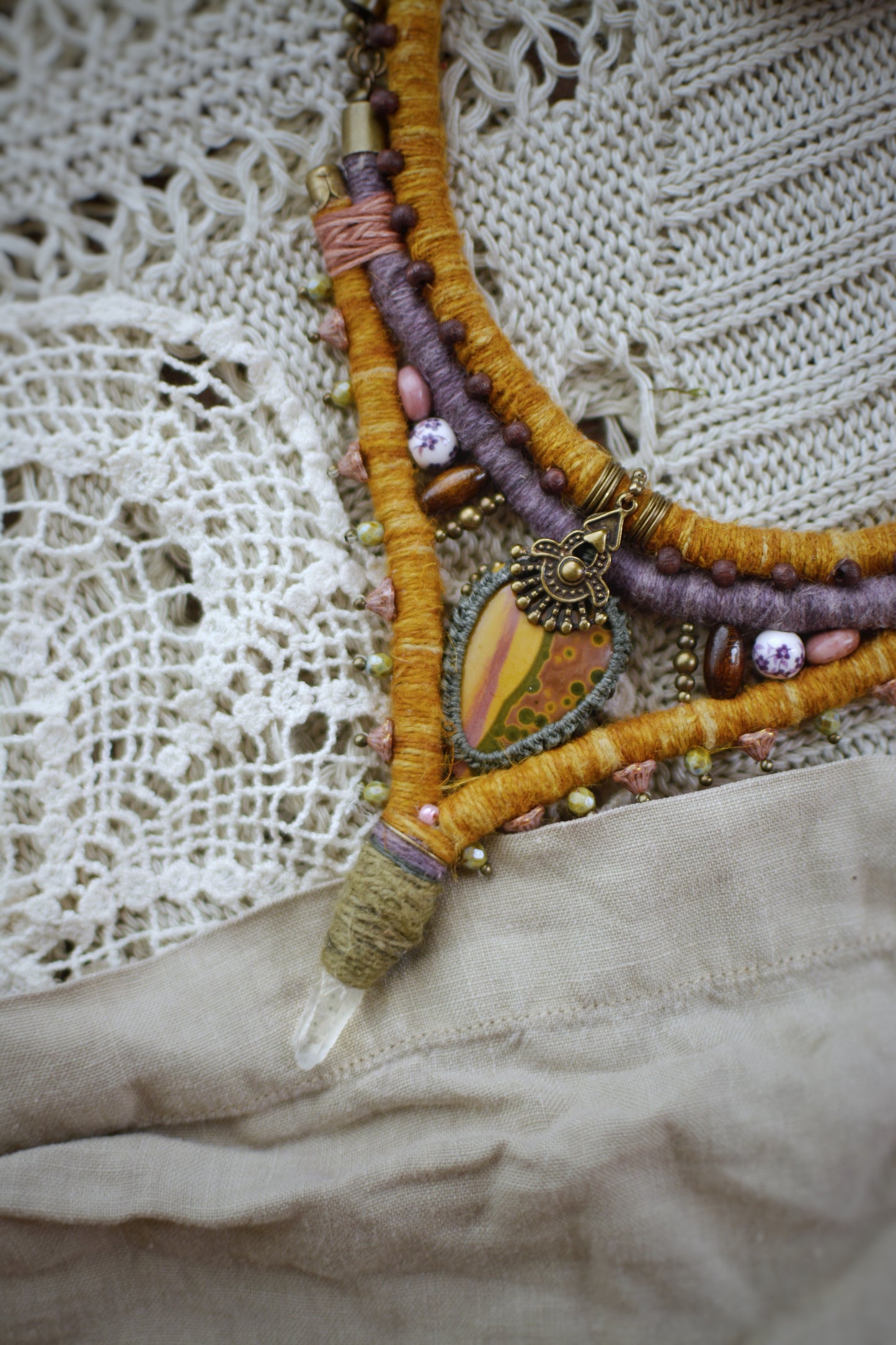 Dream of Barbara - Hand dyed Hemp Necklace with Ocean Jasper, Rhodochrosite, Clear Crystal