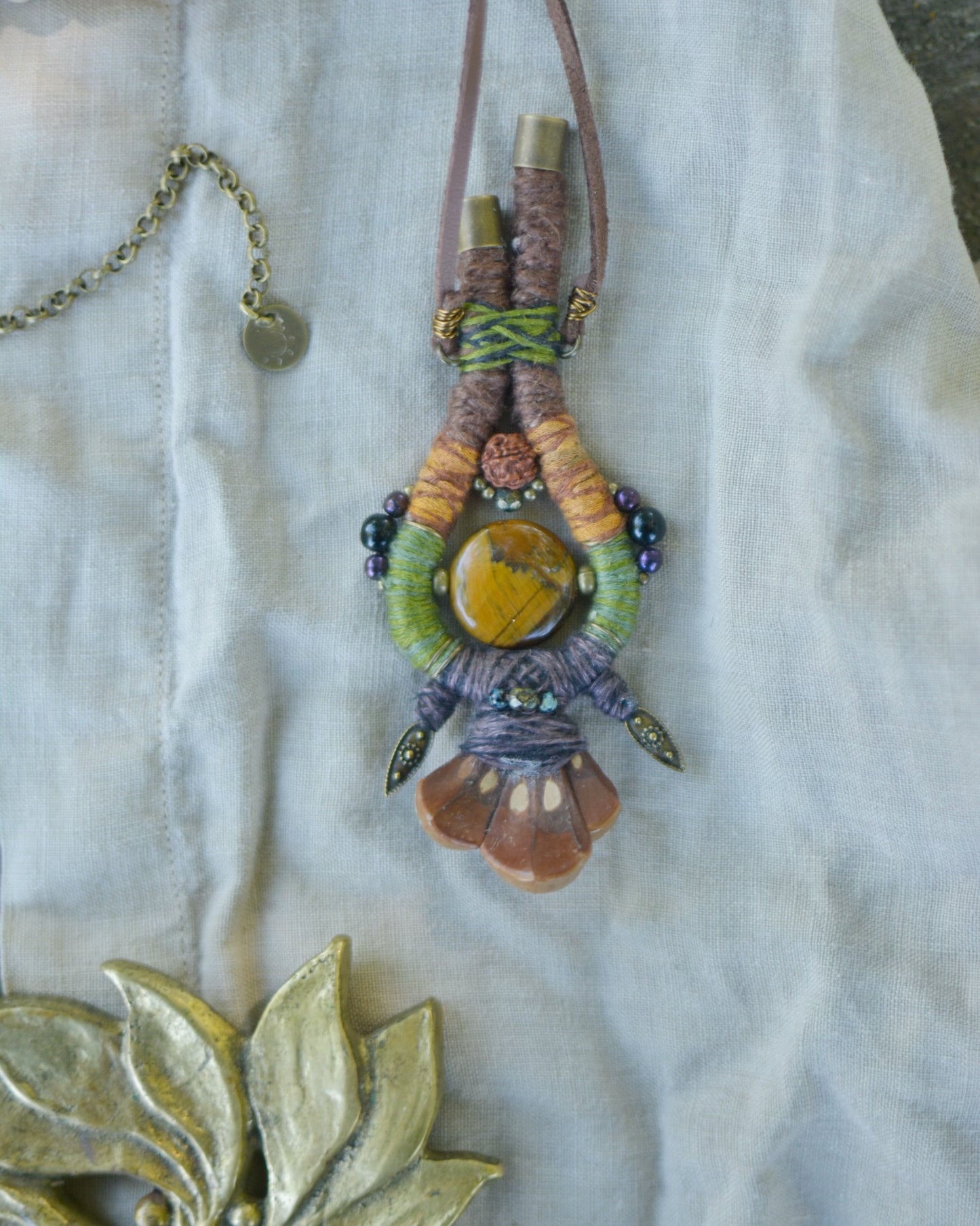 Soul Talisman - Hemp Talisman with Tiger Eye and Pinecone Petals