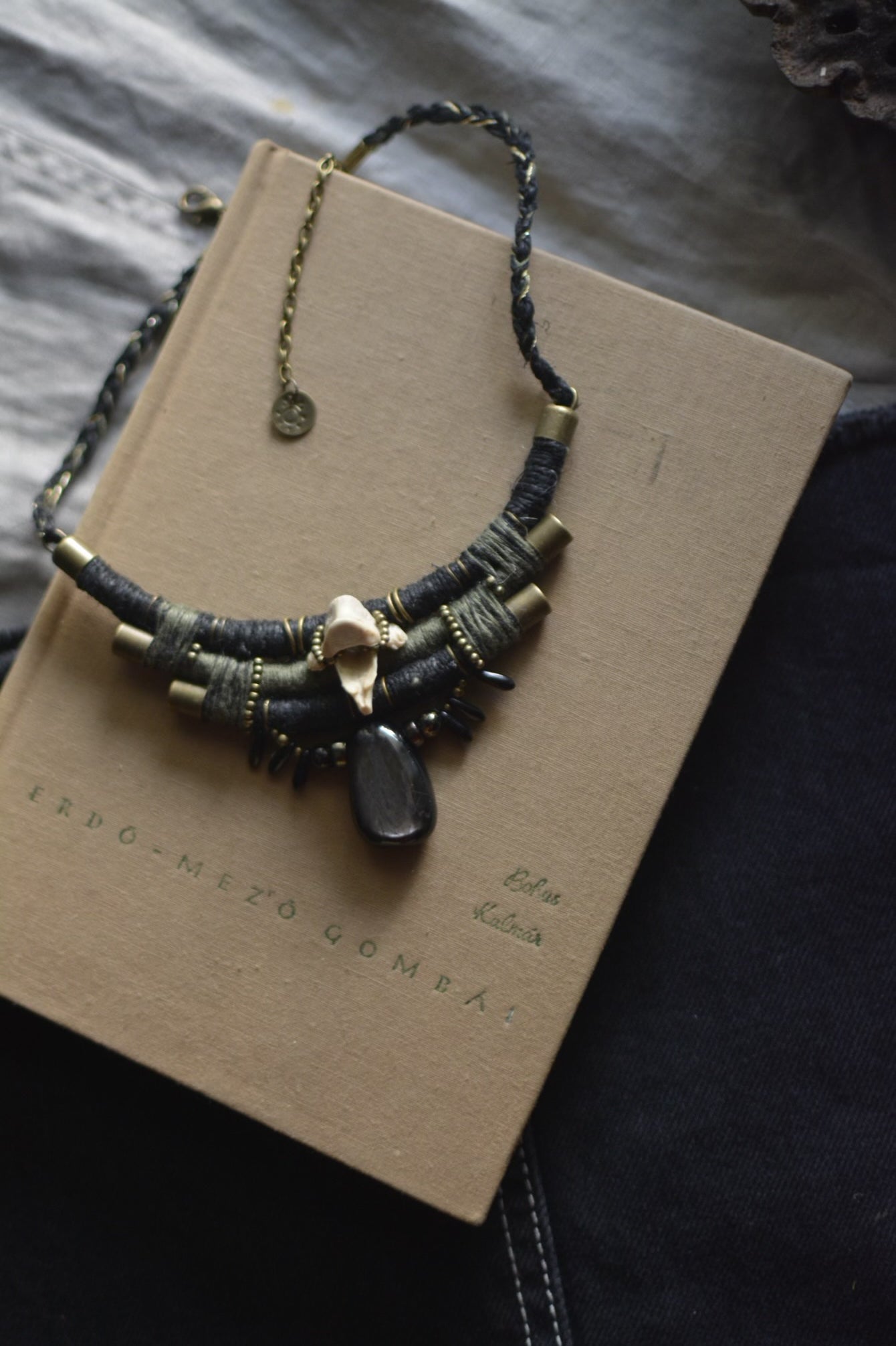 Hypersthene and Bone Hemp Necklace