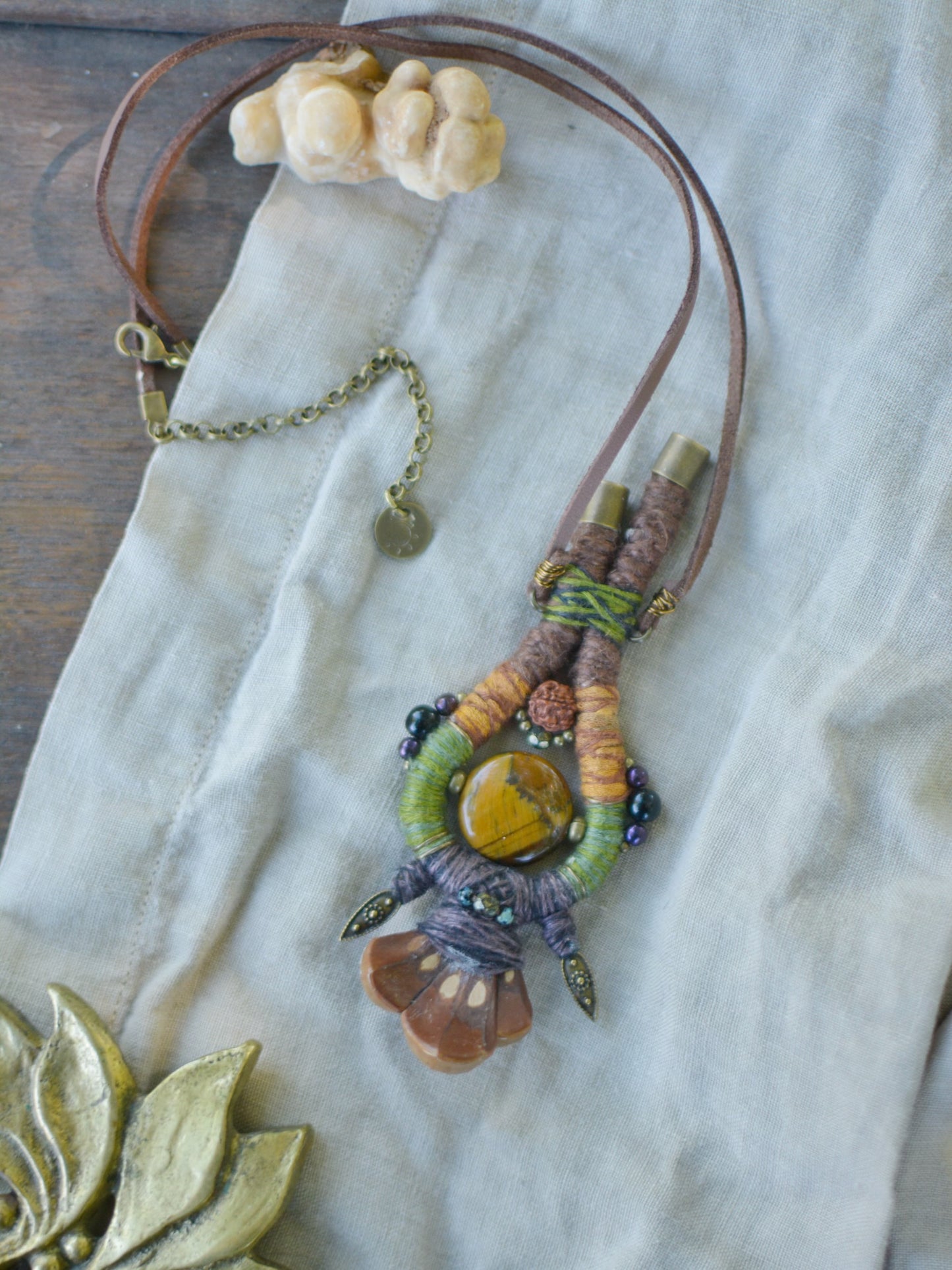 Soul Talisman - Hemp Talisman with Tiger Eye and Pinecone Petals