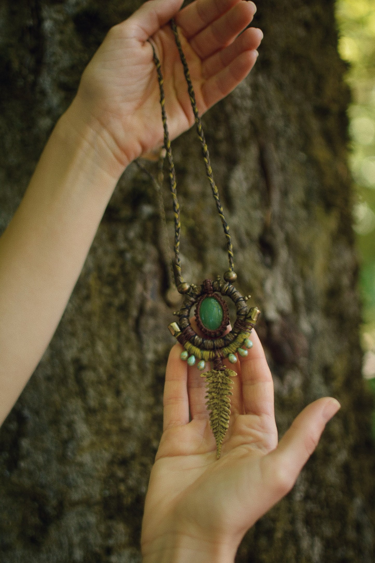 Earth Calling Hemp Talisman with Aventurine and Fern pendant