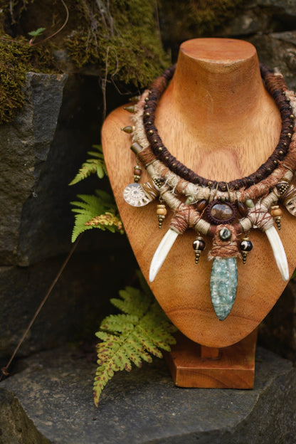 Afterlife - Necklace with Mica Stone, Ammonites, Wild Boar Tusk, Bronzite