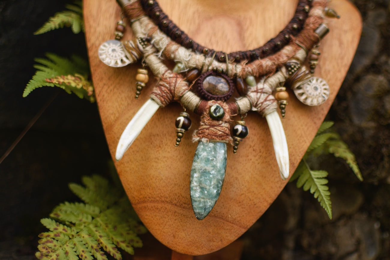 Afterlife - Necklace with Mica Stone, Ammonites, Wild Boar Tusk, Bronzite