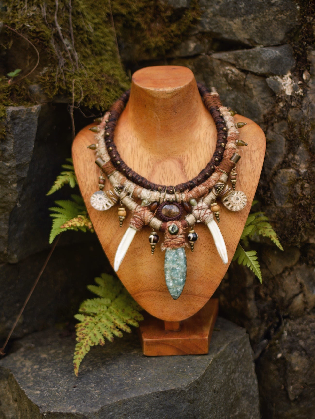 Afterlife - Necklace with Mica Stone, Ammonites, Wild Boar Tusk, Bronzite