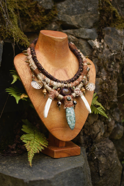 Afterlife - Necklace with Mica Stone, Ammonites, Wild Boar Tusk, Bronzite