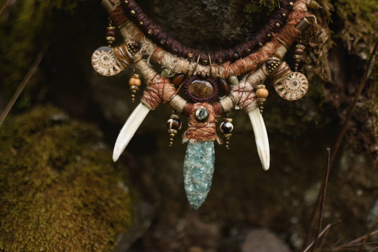 Afterlife - Necklace with Mica Stone, Ammonites, Wild Boar Tusk, Bronzite